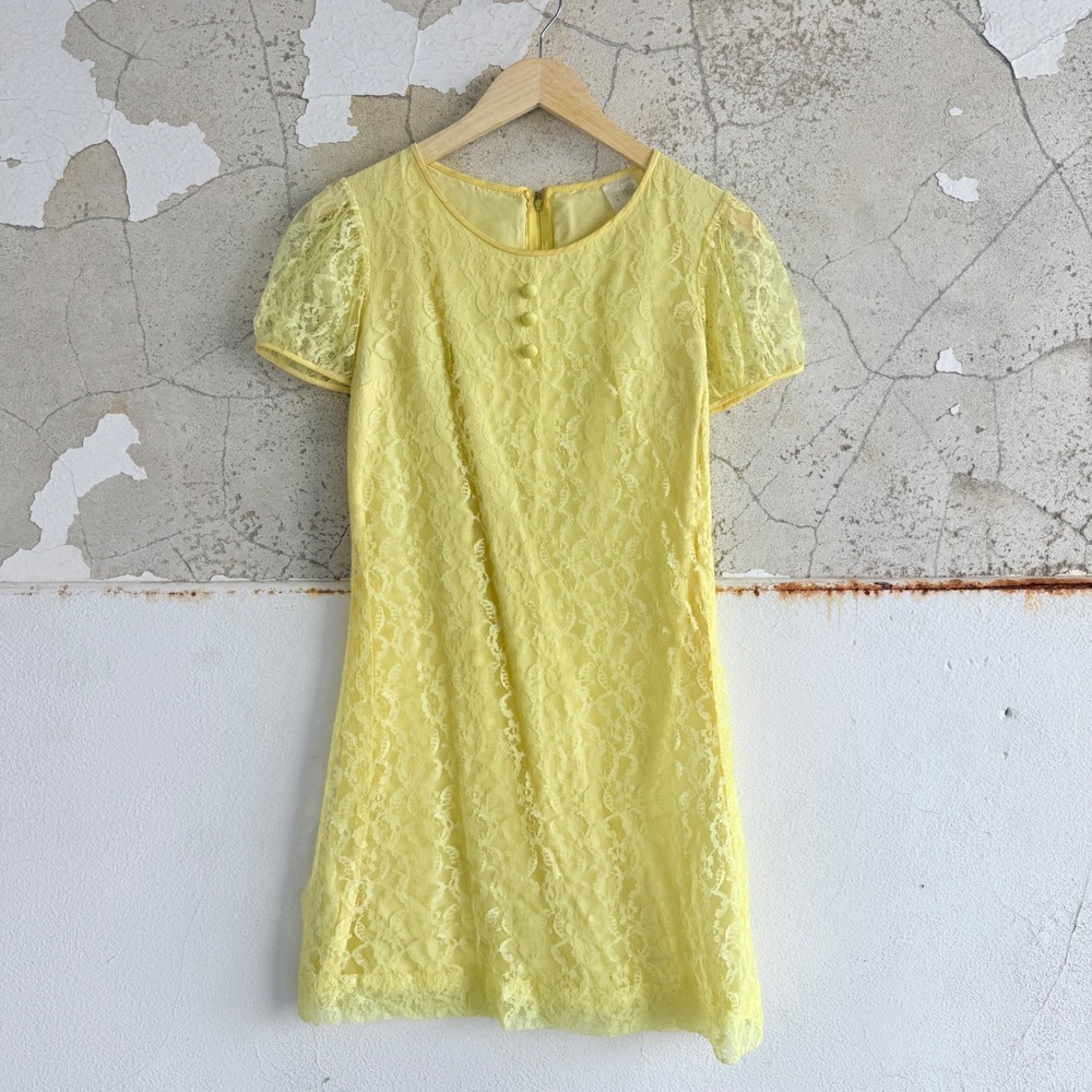 Vtg 70s Mini Dress Yellow Lace Union Tags USA Made Coquette Cottagecore Women XS